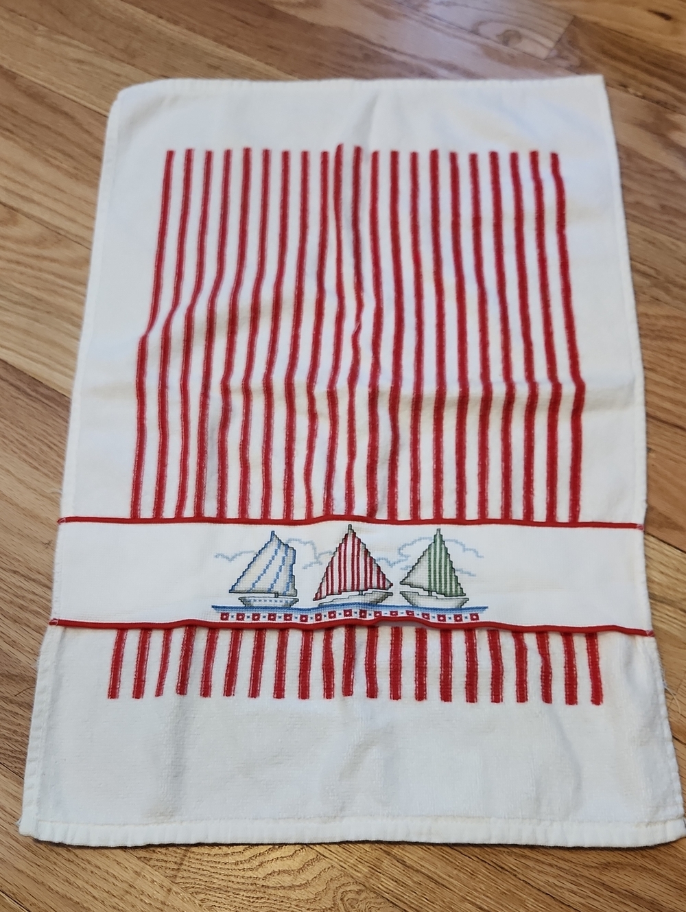 Cross Stitch Embroidered Sailboat Themed Red White Stripe 100% Cotton Dish Towel